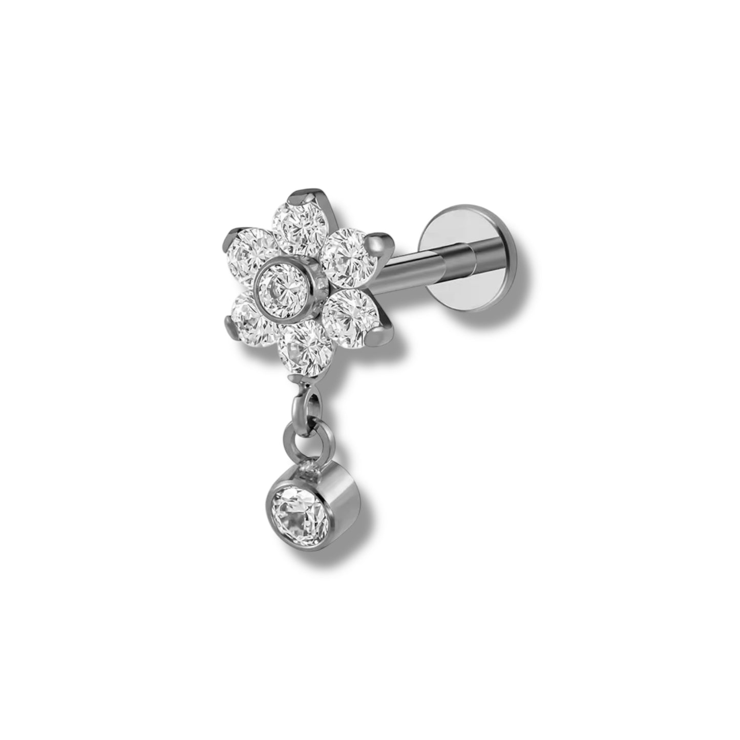 Piercing flor y zirconia colgante plateada titanio