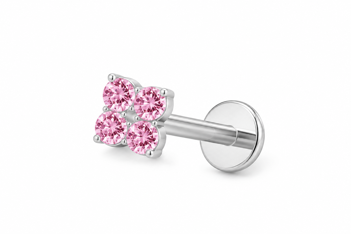Piercing mini flor rosa plateada titanio