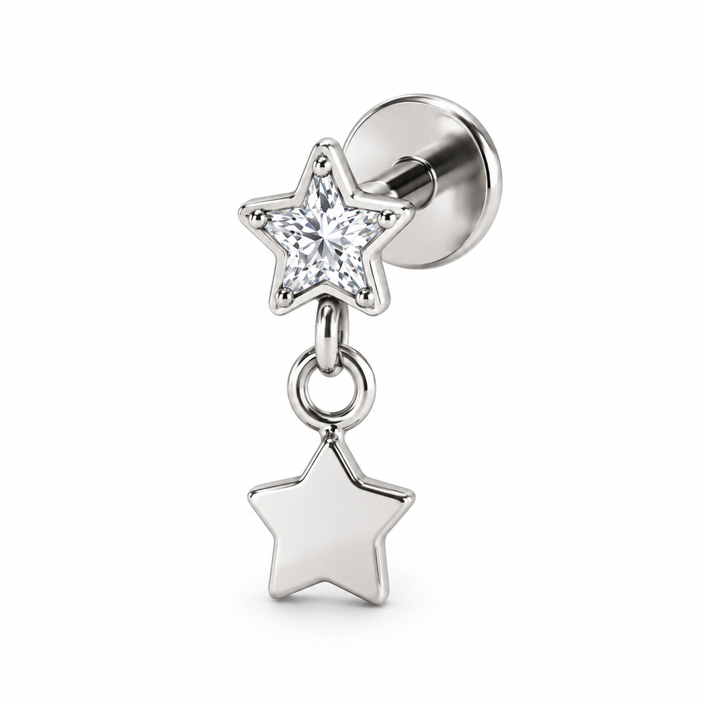Piercing estrella zirconia y estrella colgante plateada titanio