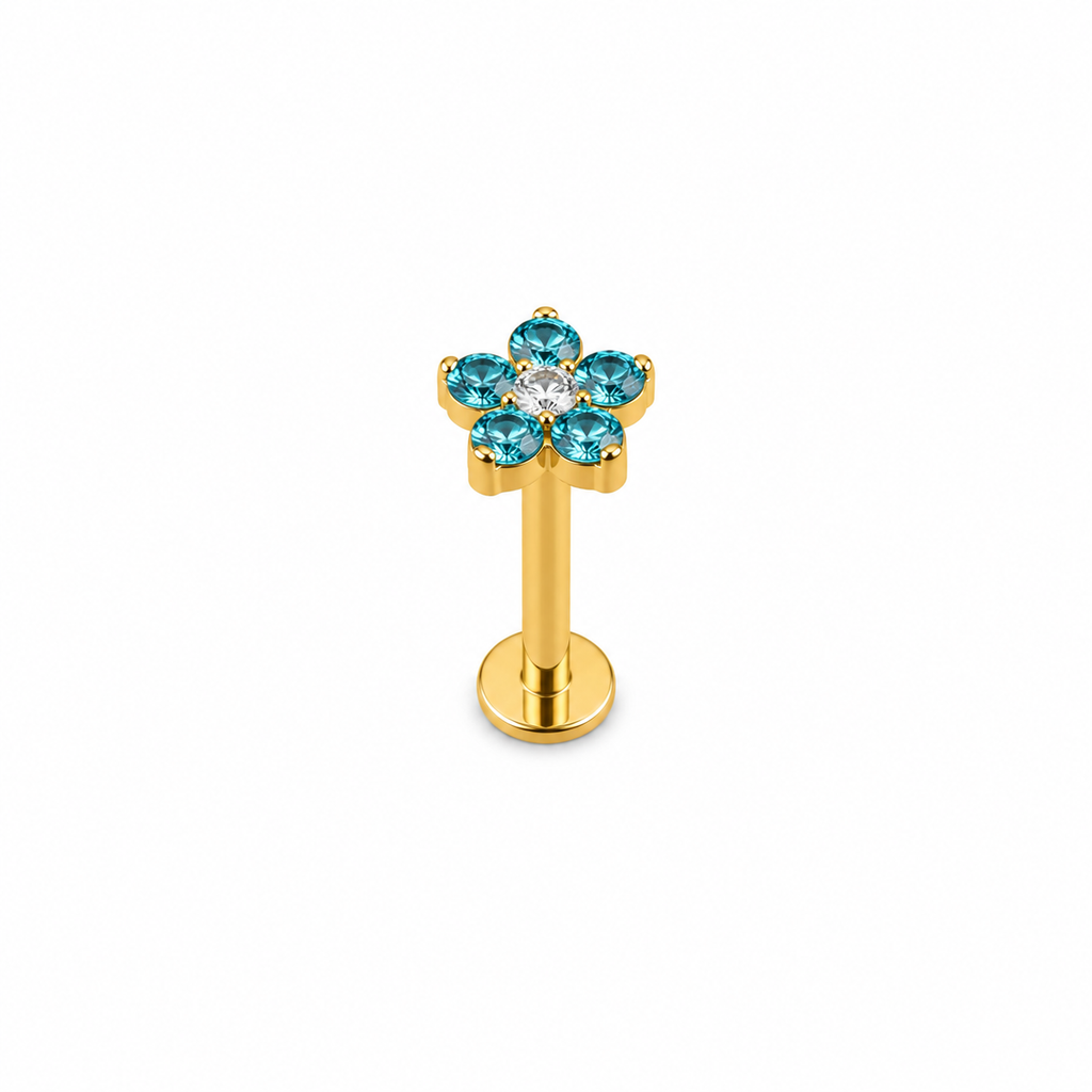 Piercing flor de 5 pétalos azul titanio