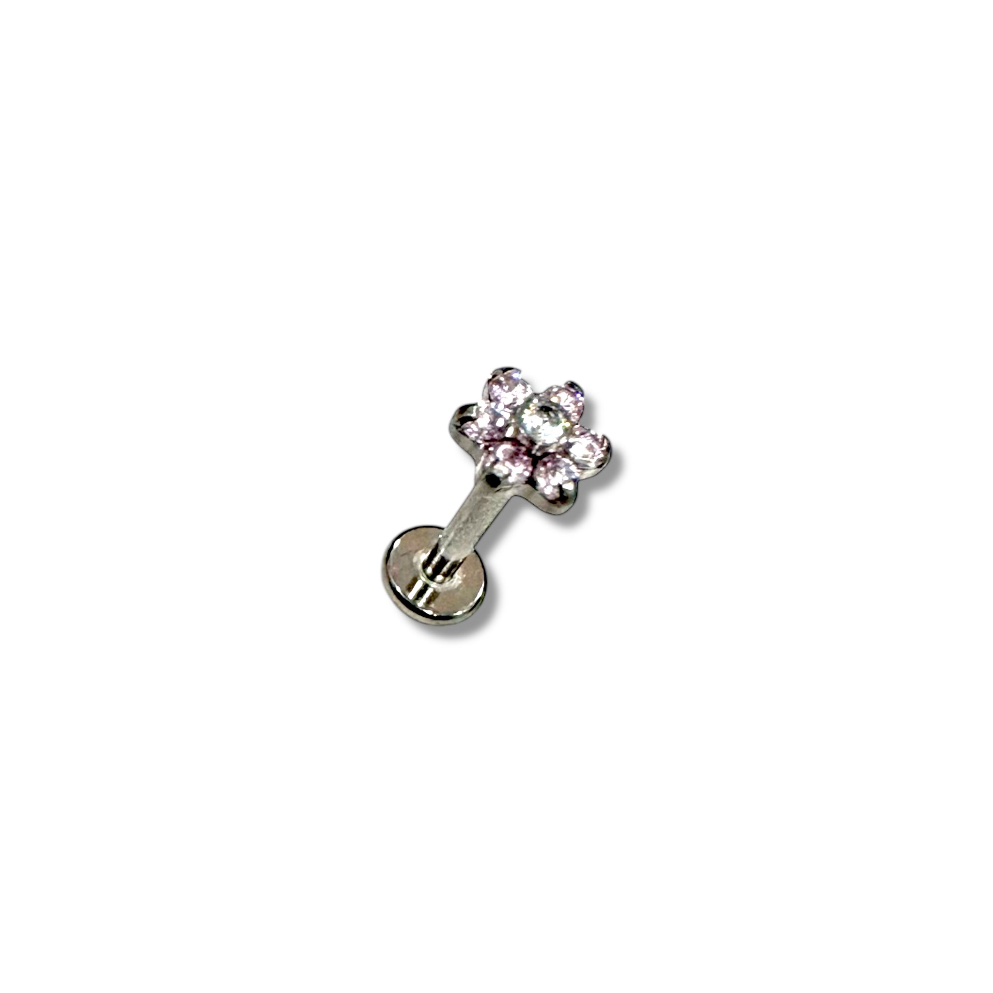 Piercing flor rosa plateado titanio