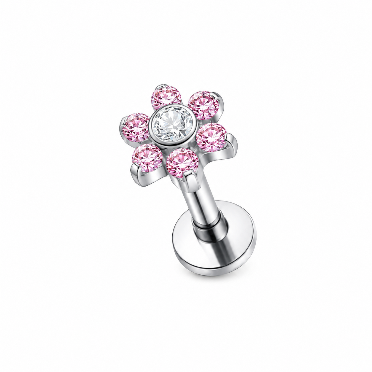 Piercing flor rosa plateado titanio