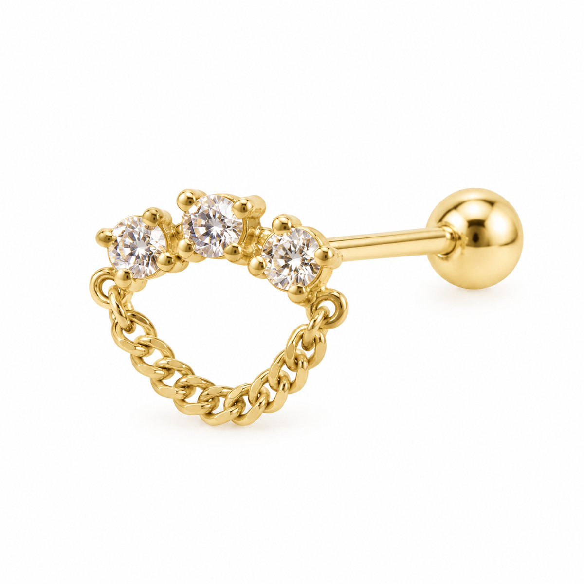 Piercing tres zirconias y cadena oro 10k