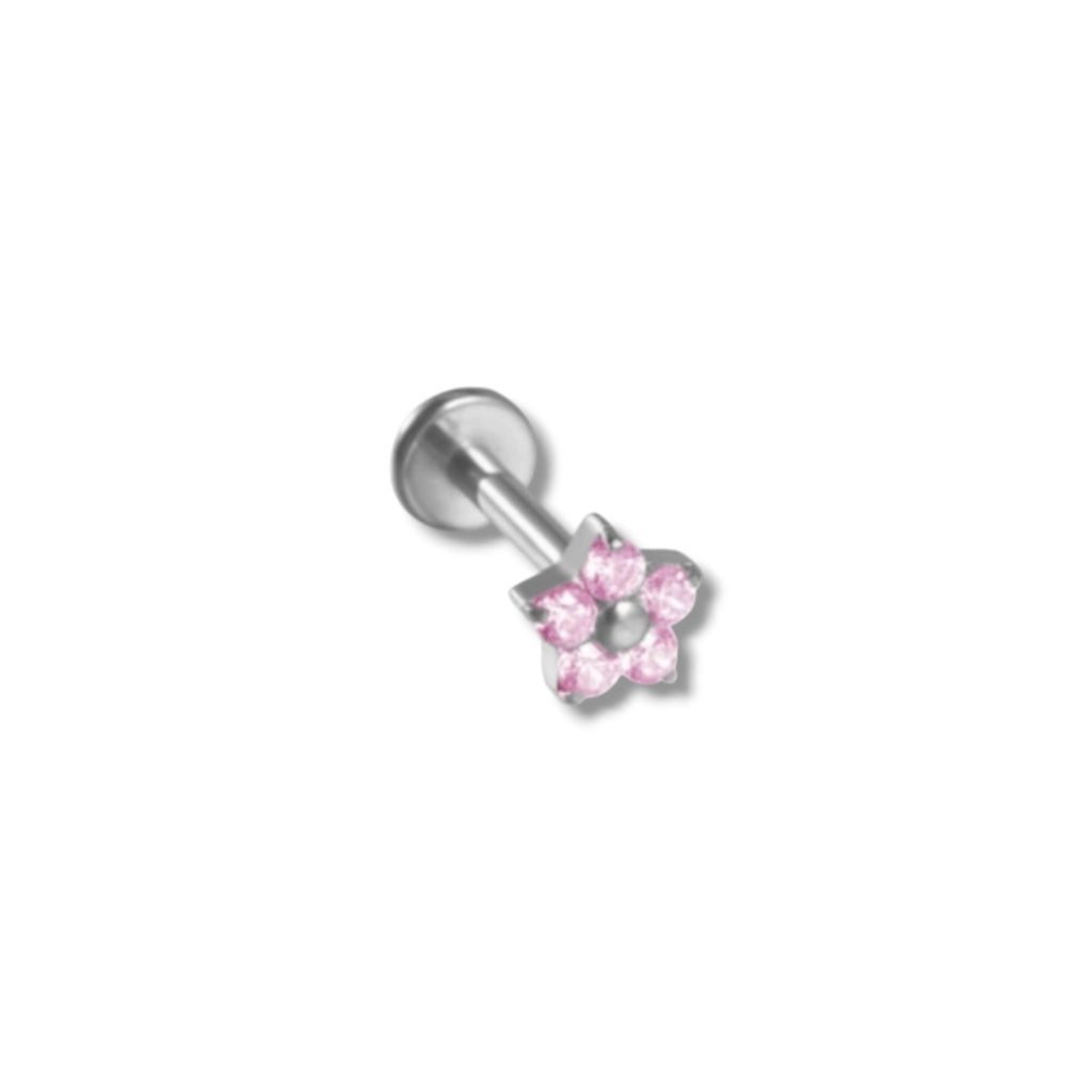 Piercing mini flor rosa centro plateado titanio
