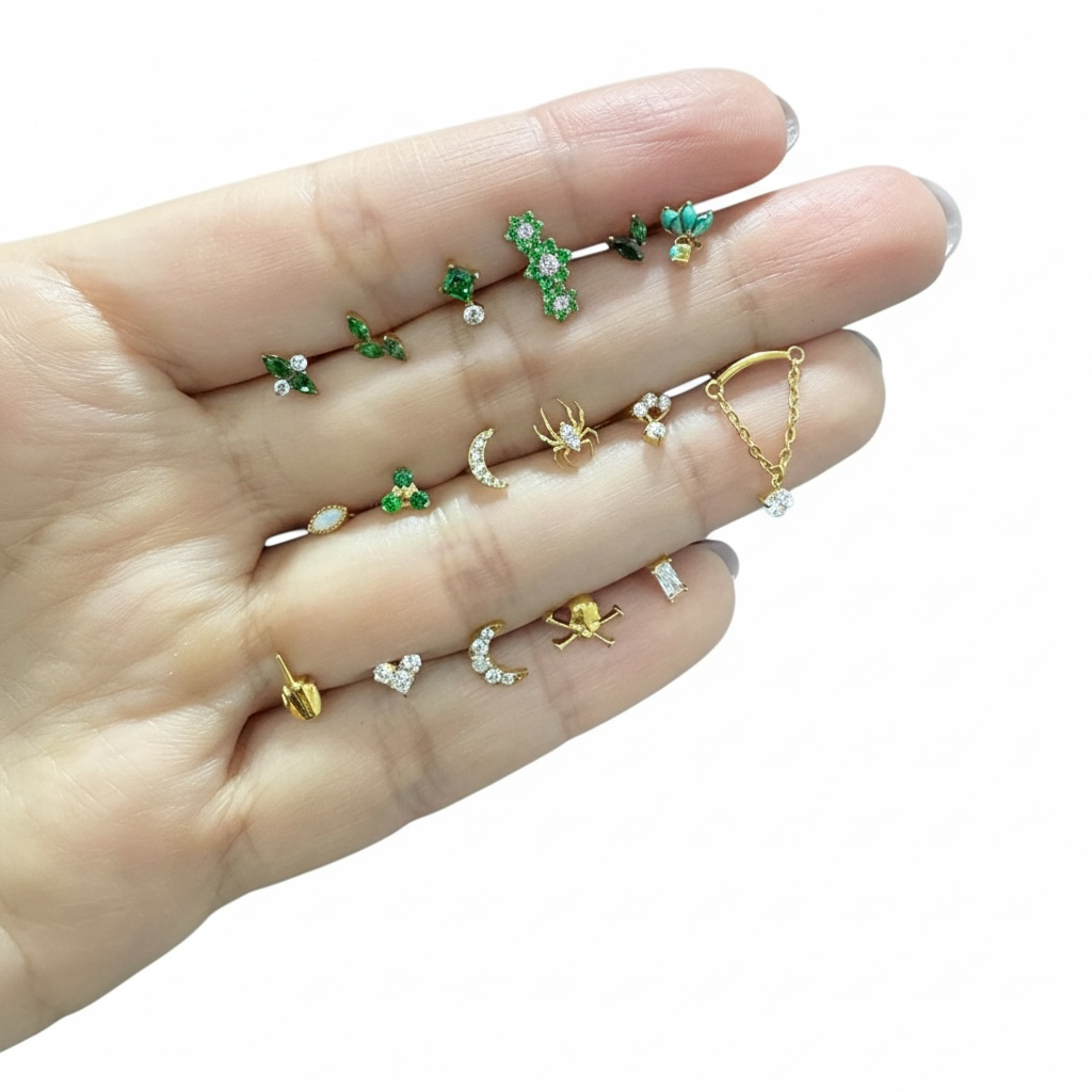 Piercing caminera de flores verdes titanio