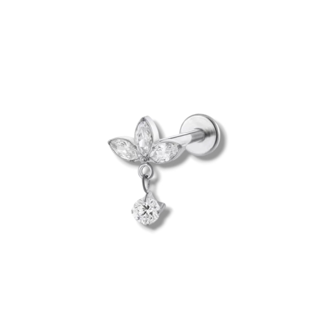 Piercing corona flor colgante plateada titanio