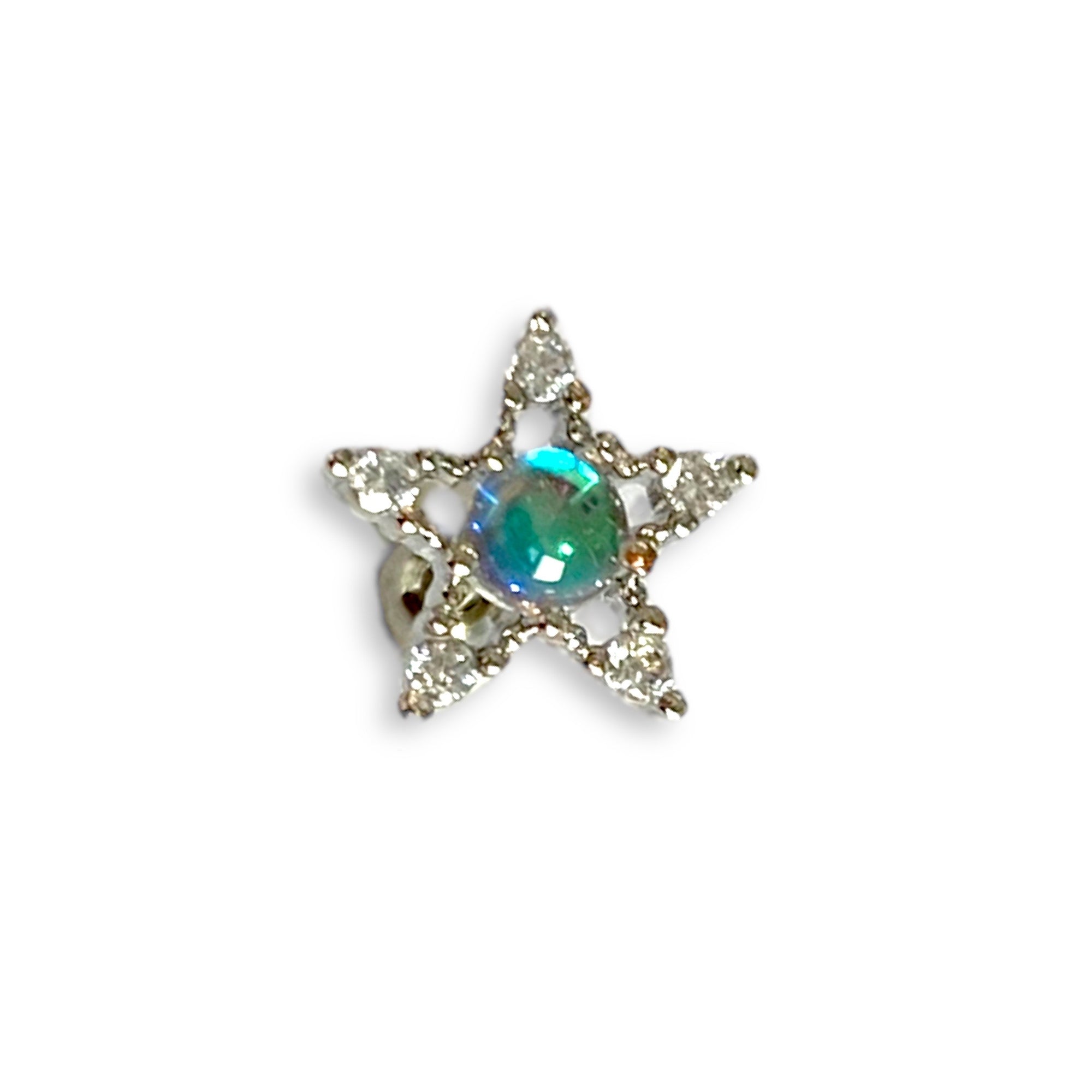 Piercing estrella plateada centro celeste tornasol